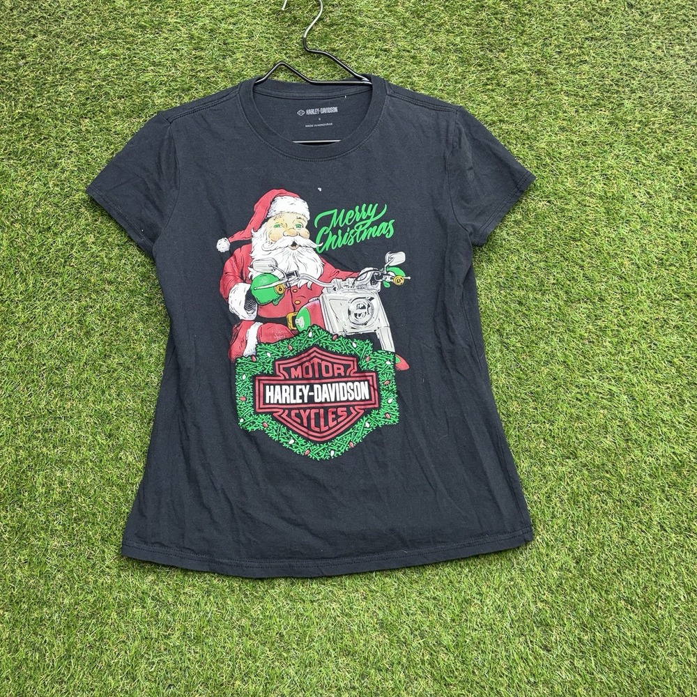 Harley Davidson Shirt Womens Small Santa Christmas Graphic Tee Rhinestones HD